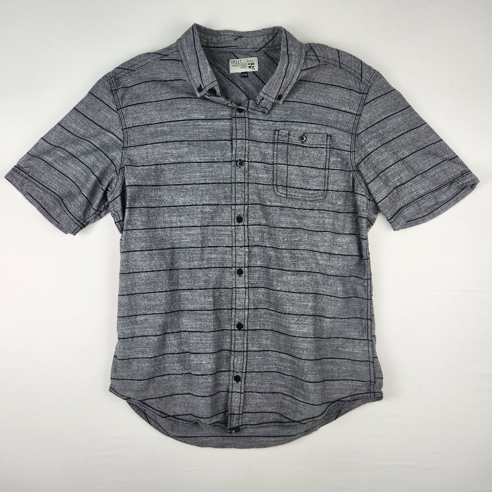 Split Mens Short Sleeve Button Down Single Pocket Gray/Black Strip Shirt Sz XL/G